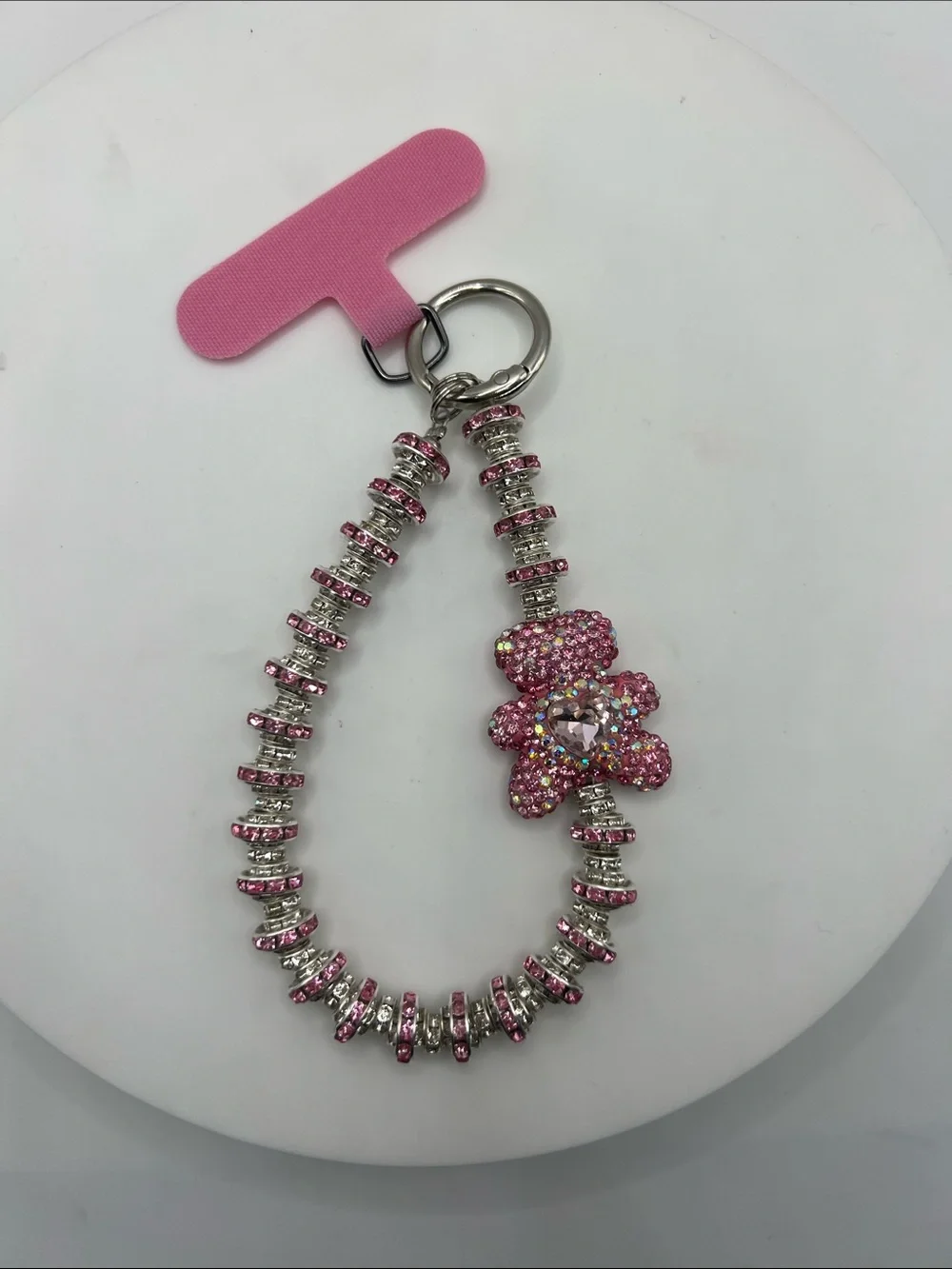 622. Pink Crystal Teddy Bear Phone Holder/Phone Chain.